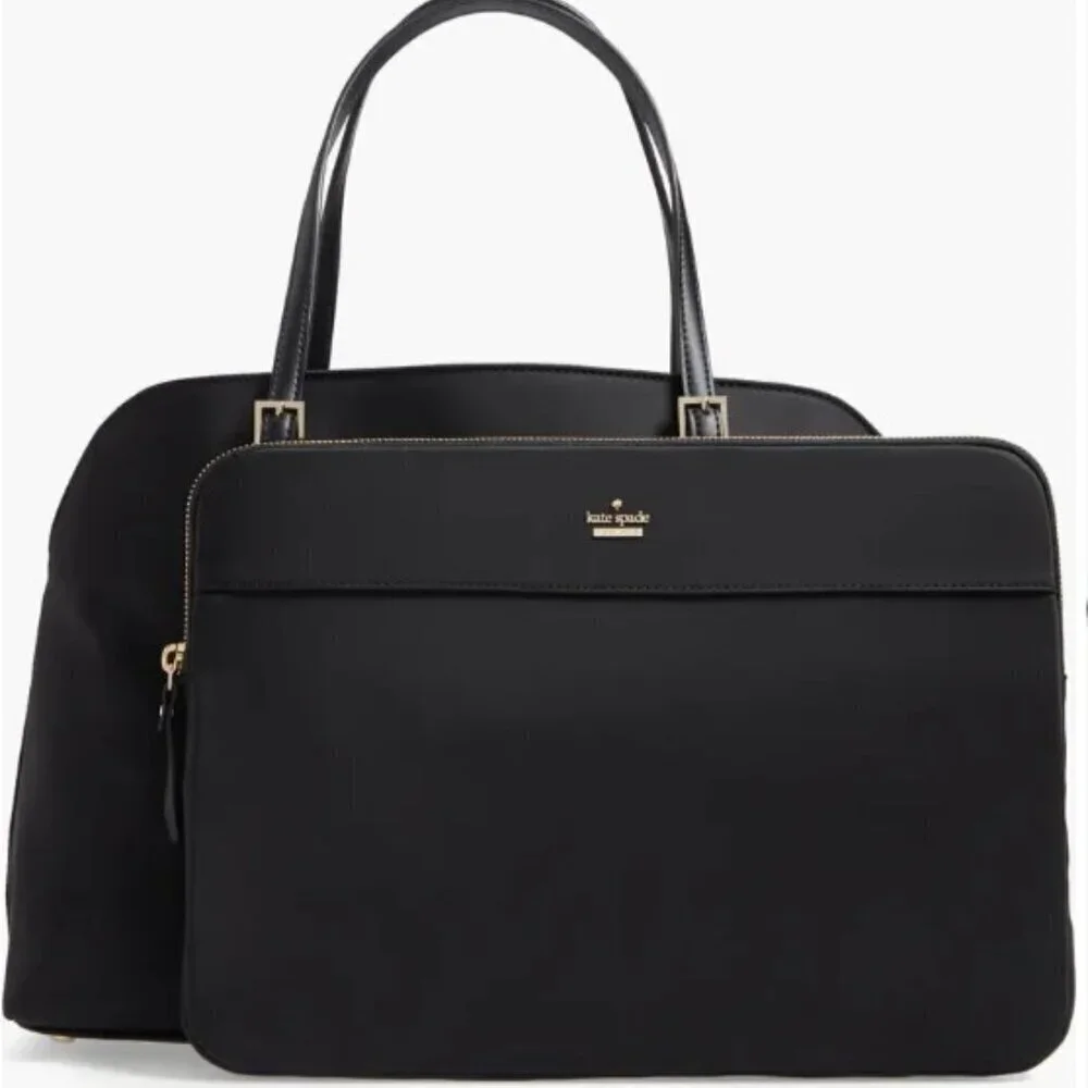 Kate Spade Large Laptop Tote Womens Black Nylon Leather Shoulder Bag Marybeth
